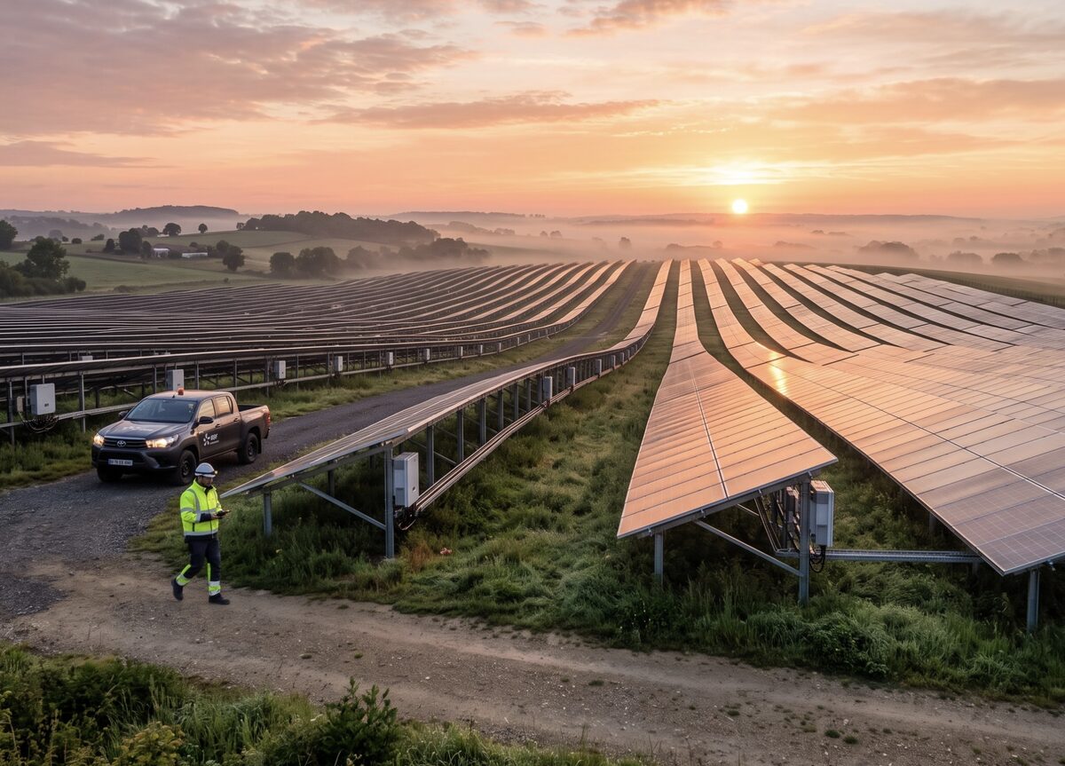 Technician inspecting a solar power plant at sunrise